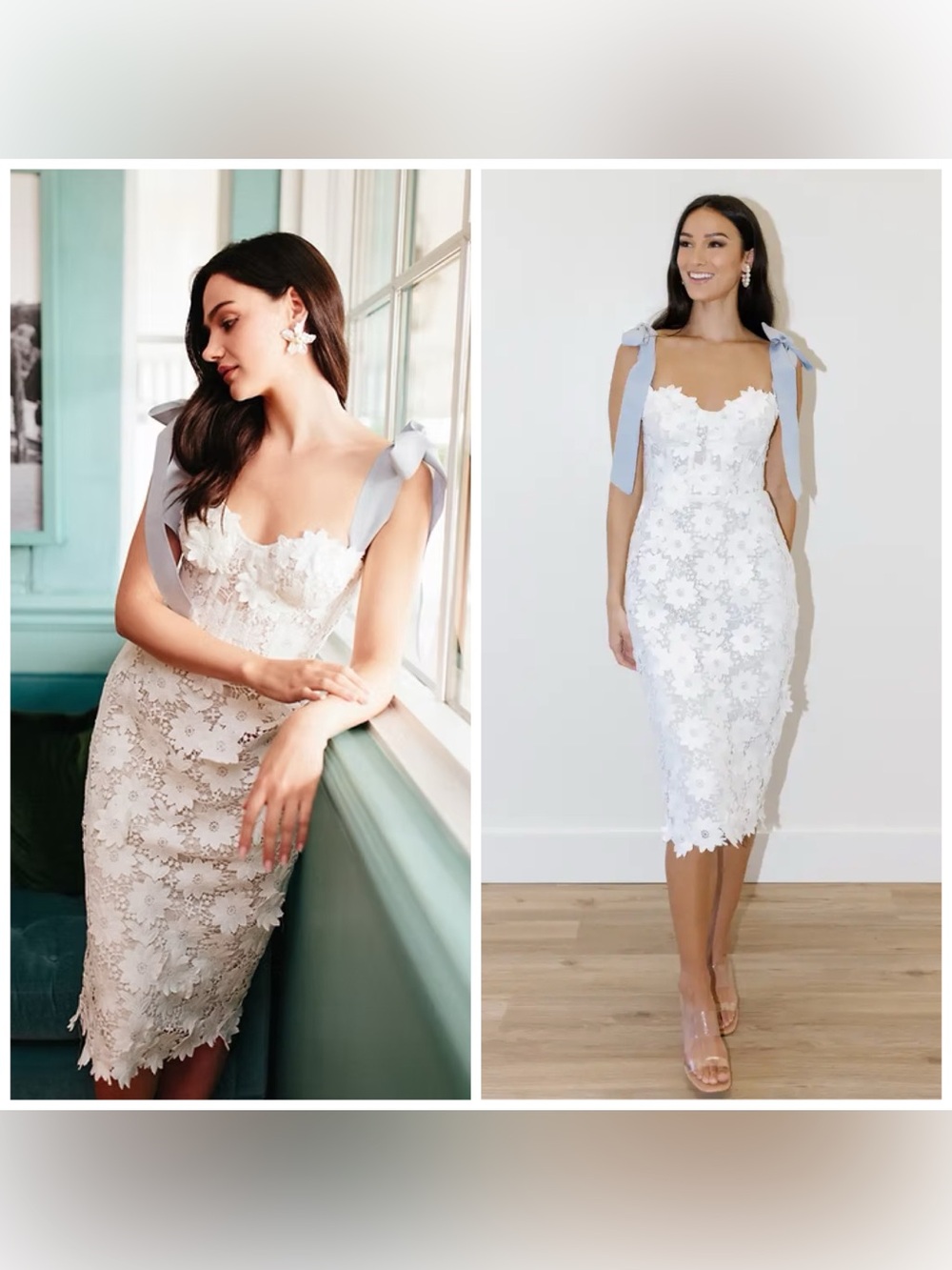 By Watters Ambrosia White Floral Lace Bow Shoulder Midi Dress Size 12